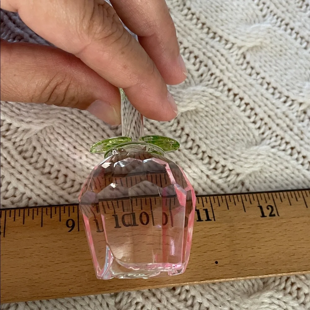 13.25” glass single stem rose w/ leaves. Clear pink and green no chips/cracks